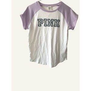 Victoria's Secret PINK White Purple Short Sleeve T-Shirt Black Logo Small NWT